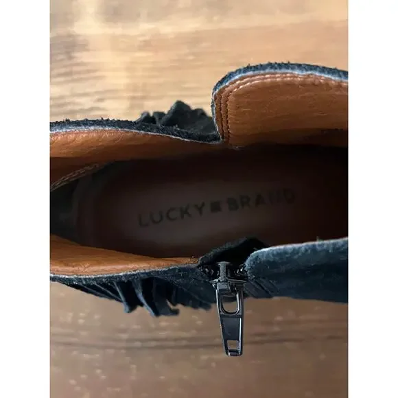 Lucky Brand Black Suede Fringe Ankle Boots Women’s Size 7 Western Boho Booties - Picture 8 of 9